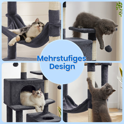 XXL Katzenklettergerüst 206 cm hoch einem Kippschutz, Kratzbaum Katzenbaum mit 13 Kratzsäulen, 2 Plattformen, 2 Höhlen, Korb, Hängematte, Plüschbälle,Stabiles Und Langlebiges ,Einfache Montage,für Wohnungskatzen die gerne klettern und hoch hinaus wollen
