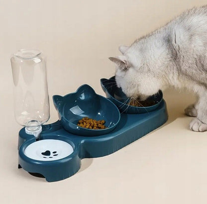 Doppel-Schüssel-Set für Hunde und Katzen mit 500 ml Wasserspender und 40 cm x 16 cm PP-Boden. Praktisches Futter-Set für Haustiere mit Futter und Wasser. Hygienisches und langlebiges 3-in-1-Set.