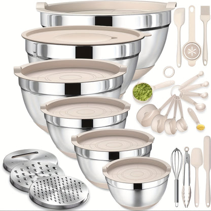 Edelstahl-Mischschüssel-Set mit Verschlussdeckel und Reibe-Aufsatz, Rutschfestes Boden - 26 Stück in den Größen 5QT, 4.5QT, 3QT, 2.5QT, 2QT, 1.5QT - Perfekt zum Mischen und Servieren