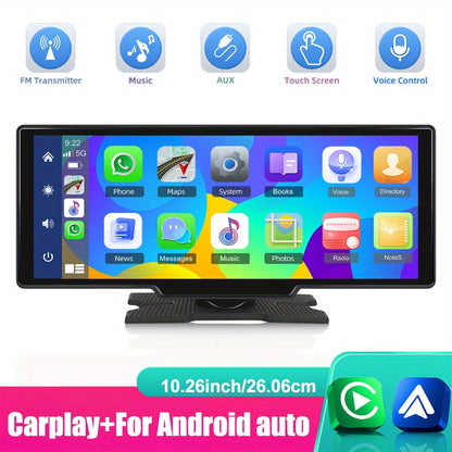 PODOFO 10,26-Zoll Tragbares Kabelloses Carplay Autoradio für Auto mit Carplay & für Android Auto mit Mirror Link/ Rückfahrkamera/ Kabellos/ Navigation/ AUX für Alle Fahrzeuge, Ohne Batterie