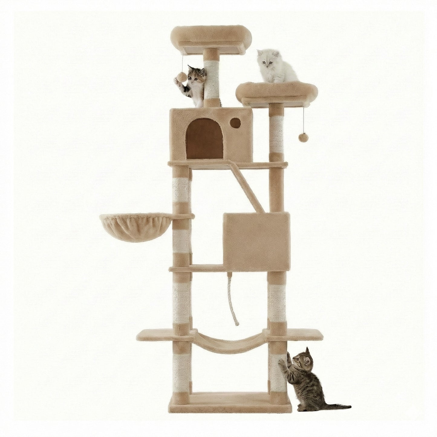 XXL Katzenklettergerüst 206 cm hoch einem Kippschutz, Kratzbaum Katzenbaum mit 13 Kratzsäulen, 2 Plattformen, 2 Höhlen, Korb, Hängematte, Plüschbälle,Stabiles Und Langlebiges ,Einfache Montage,für Wohnungskatzen die gerne klettern und hoch hinaus wollen