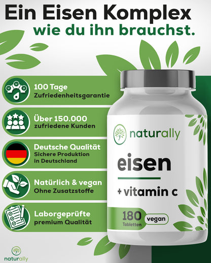 Eisentabletten mit Vitamin C [180 Stück] – 20mg Eisen aus Eisenbisglycinat, 40mg Vitamin C aus Hagebutte – vegan von naturally