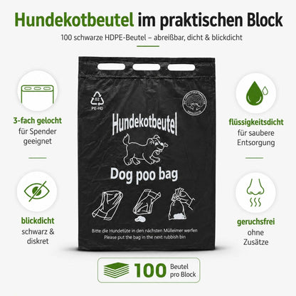 400 Stück - Hundekotbeutel Dog Poo Bags in Schwarz mit Druck in Weiß - geblockt zu je 100 Stück - abreissbar - Stärke ca. 10µm - 20 x 32 cm + 3 cm Blockrand - Sperling