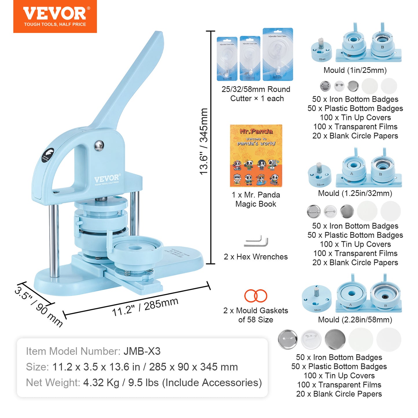 VEVOR Knopfmaschine, 1/1,25/2,28 Zoll (25/32/58 mm) 3-IN-1 Anstecknadel-Hersteller, 300-teiliges Knopfzubehör, Knopfmaschine mit Panda Magic Buch, ergonomischer Bogengriff Stanzpressen-Set, für Kinder DIY Geschenke