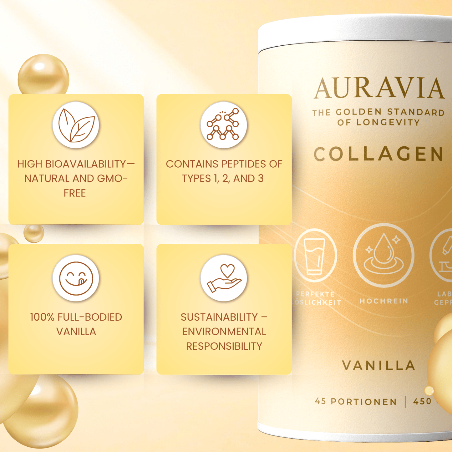 AURAVIA® Kollagen Pulver 450 g - Collagen Hydrolysat aus Weiderind Typ 1,2 & 3 - Collagen Pulver - Kollagenpulver hochdosiert in Pappdose ohne Plastiklöffel – made in Germany - Vanilla