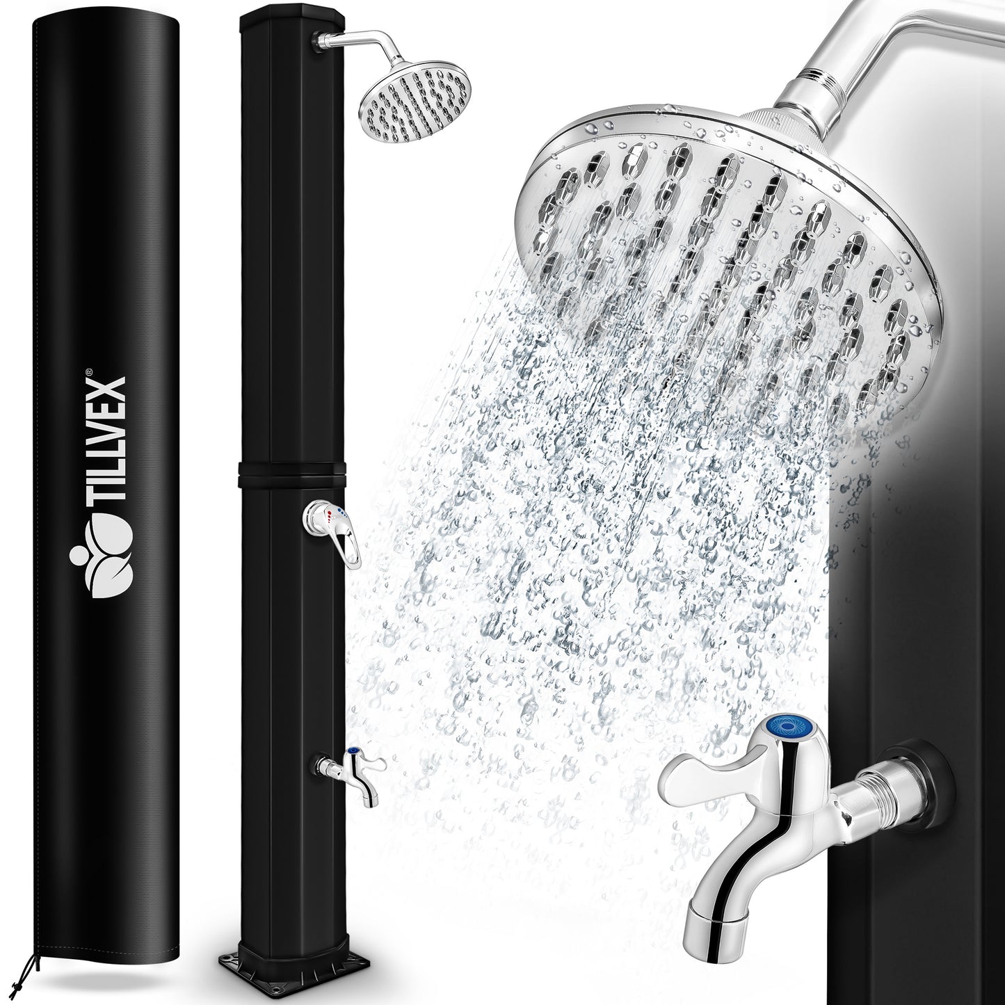tillvex® Solardusche 20 - 60 Liter inkl. Abdeckung Solar Gartendusche Solar für draußen Pooldusche Komplettset warmes Wasser Camping ohne Stromanschluss mit Wasserhahn Gartenschlauch-Anschluss