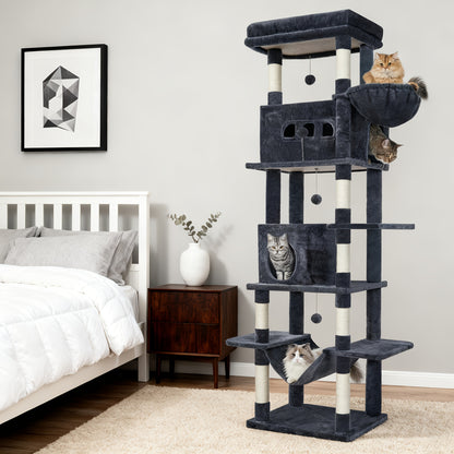 Katzenbaum für Wohnungskatze, 210 cm hoher Katzenturm mit mehreren Ebenen, Kratzpfosten, Hängematte und 4 Pompons