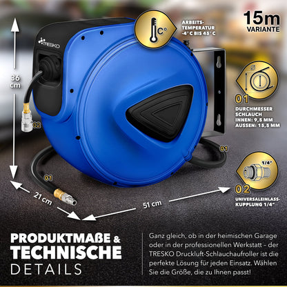 TRESKO® Druckluft Schlauchtrommel automatisch | Druckluftschlauch Aufroller 1/4" Anschluss | Wandschlauchhalter Automatik Schlauchaufroller