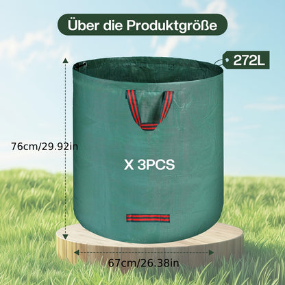 Gartensacke, 3er-Pack, je 272 Liter - Garten Laubsäcke mit Griffen - Faltbar, hergestellt aus 150GSM Polypropylen-Gewebe, langlebig - Geeignet für Rasenschnitt, Gartenabfälle, Grünaufkommen und herabgefallene Blätter