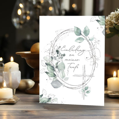 10 Einladungskarten mit Umschlag Einladung 2 seitig Karten stilvoll kreuz Aquarell zart zur Taufe Blätter grün Silber zum selbst ausfüllen gestalten
