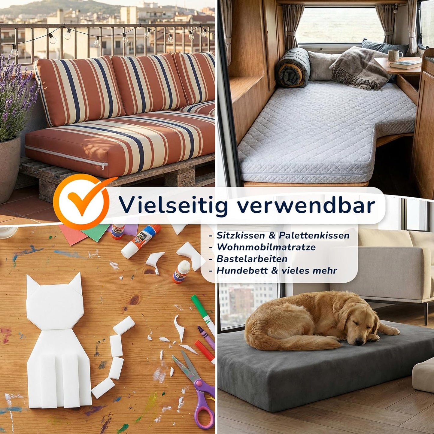 Matratzenauflage & Universelle Schaumstoffplatte (2-15 cm Höhe) – 40/60/80/90/140/160x200 cm & weitere Größen – Polsterschaum für DIY, Betten, Sitzbank, Wohnmobil & Garten – Formstabil & Atmungsaktiv – Made in Germany