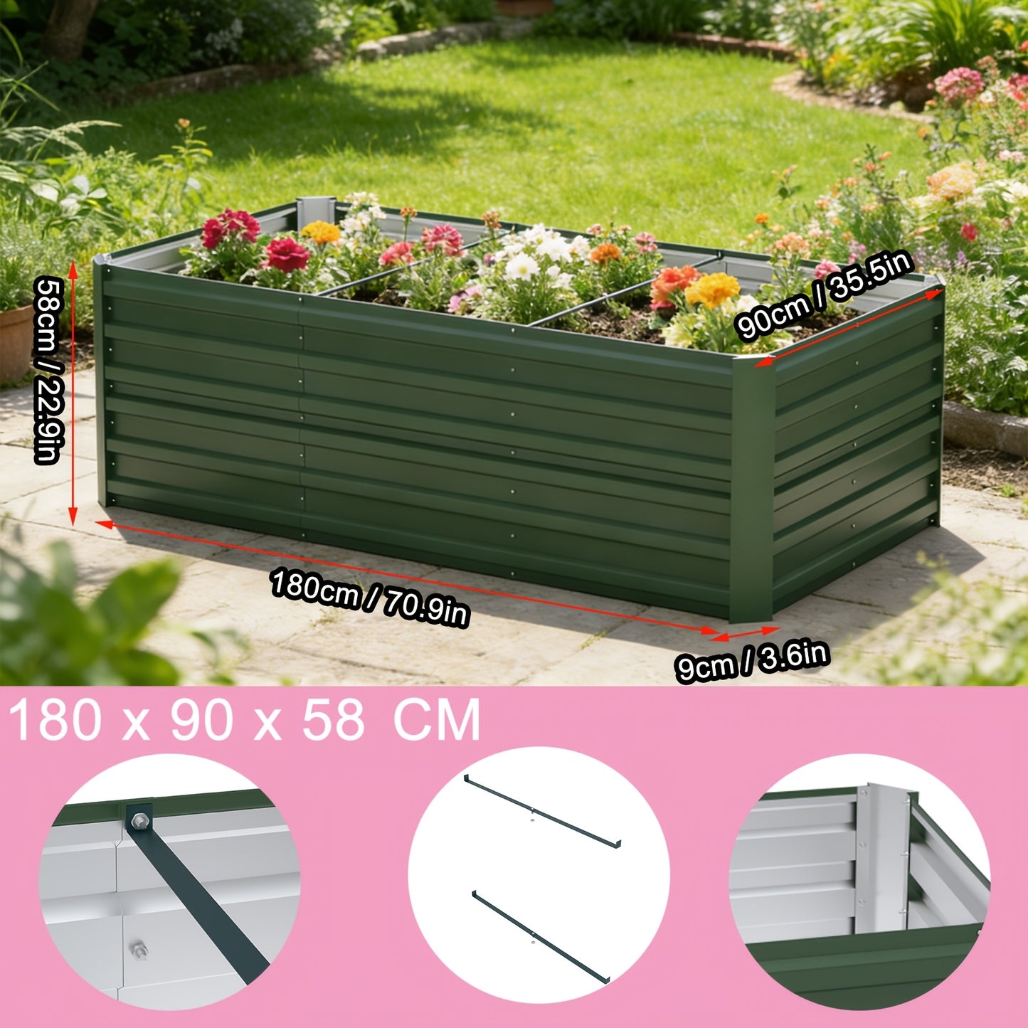 Hochbeet-Set – Pflanzkasten für Gemüse & Blumen im Freien – Rechteckiges Kräuterhochbeet für Garten, Terrasse – Grün/Schwarz/Silbrig – 4 Größen wählbar
