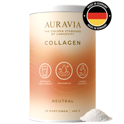 AURAVIA® Kollagen Pulver 450 g - Collagen Hydrolysat aus Weiderind Typ 1,2 & 3 - Collagen Pulver- Kollagenpulver hochdosiert ohne Plastiklöffel – made in Germany - Geschmacksneutral