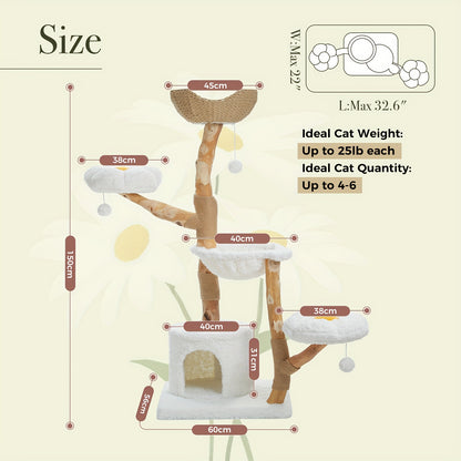 PAWZ Straßen-Katzenbaum, Geeignet für Große Erwachsene Hauskatzen, 150cm Moderne Katzenturm mit Großem Korb und Hängematte, Massivholz, Luxus-Apartment Zweistufiger Baum, Moderne Große Katzenmöbel, Weiß