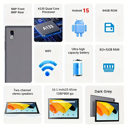 Tibuta 10-Zoll Android Tablet, 8GB (3GB+5GB) RAM, 64GB ROM, 256GB Erweiterung Unterstützung, Android 15 Tablet, 5.0MP + 8.0MP Kamera, 5000mAh Akku, 1280X800 IPS HD, Wifi, Schutzhülle, Grau, Geburtstagsgeschenk, Lernen, Gaming, Lesen, Videoansehen