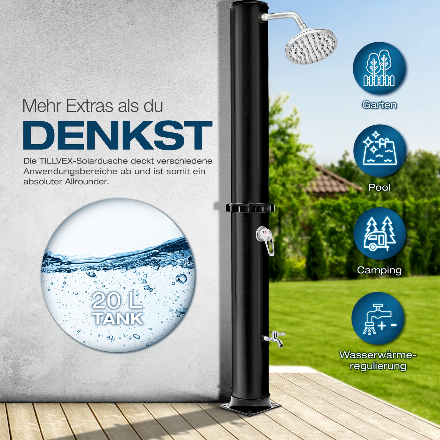 tillvex® Solardusche 20 - 60 Liter inkl. Abdeckung Solar Gartendusche Solar für draußen Pooldusche Komplettset warmes Wasser Camping ohne Stromanschluss mit Wasserhahn Gartenschlauch-Anschluss