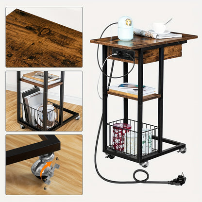 Beistelltisch mit Ladestation, Klappbarer C-förmiger Sofatisch, Couchtisch mit Rollen  Stauraum, Nachttisch für Wohnzimmer, Schlafzimmer, Dunkelbraun