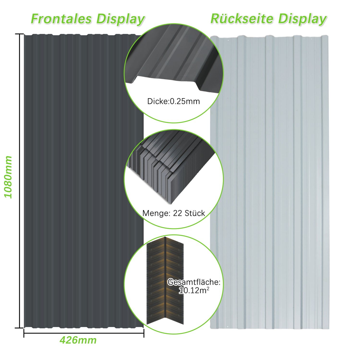 Verzinkte hochbelastbare Stahlwellbleche – 22 schwarze Trapezdachplatten (108x42,6cm, 0,25mm, 10,12m²), komplett mit Schrauben und Nägeln. Einfache Installation, vorübergehend abnehmbar für Außenkonstruktionen/Schuppen/Zäune/Wandverkleidungen.