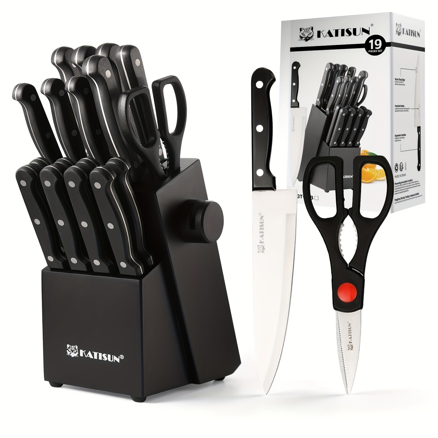 15-teiliges professionelles Küchenmesser-Set mit schwarzem Holzblock, rutschfestem ABS-Griff für Kochmesser, Kunststoff-Schneidebrett  Küchenschere, Weihnachts- & Neujahrs-Küchengeschenke