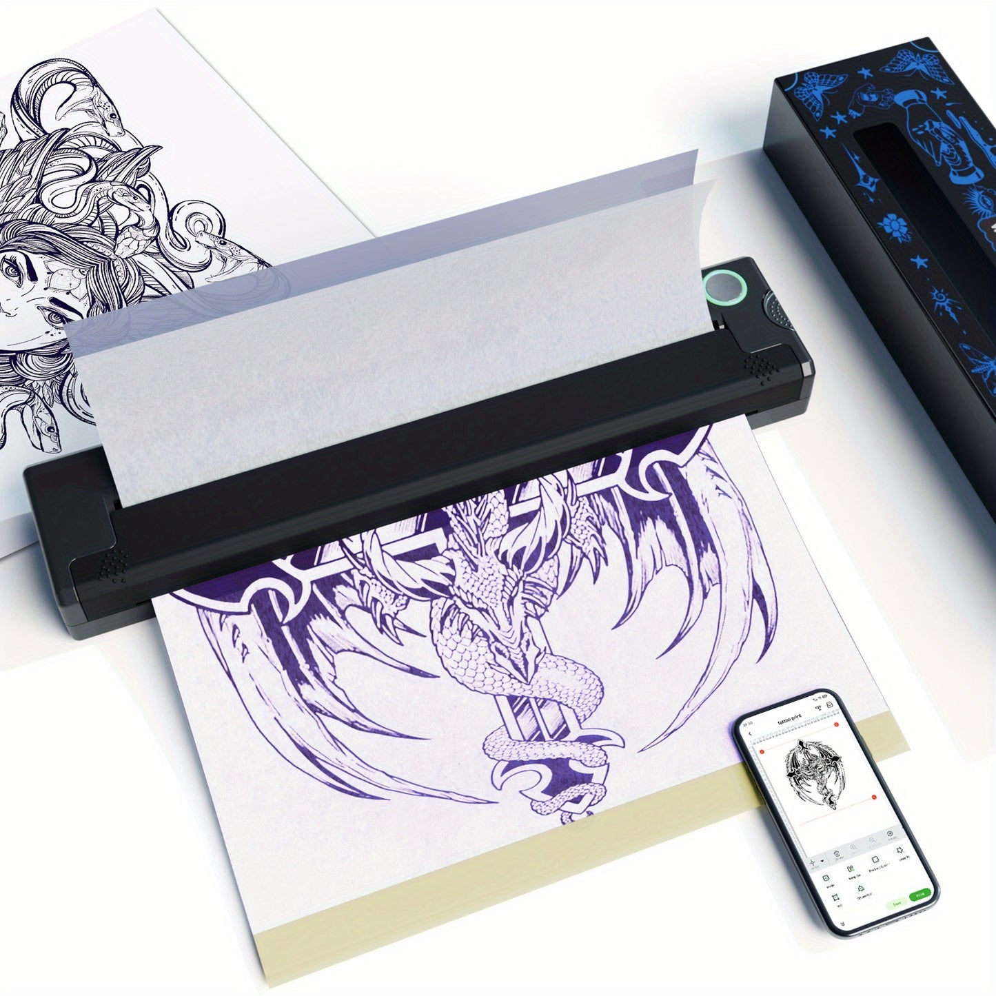 Peripage DIY Tattoo-Transferdrucker, Thermotattoo-Schablonendrucker, 1 Stück mit 5 Bögen A4 Transferpapier, tragbarer Mini-Drucker, kompatibel mit iOS-  Android-Smartphones  Computern, für Tätowierer  Anfänger