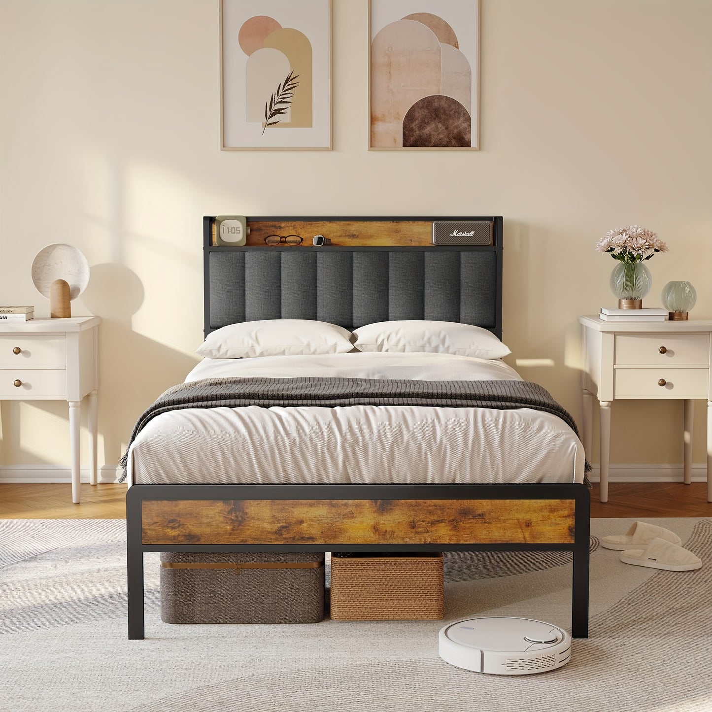 Stilvolles gepolstertes Holzbett mit Metallrahmen, elegantes Doppelbett mit Lattenrost  stützendem Kopfteil – Perfekt für jedes Schlafzimmer (Dunkelgrau, Grau)