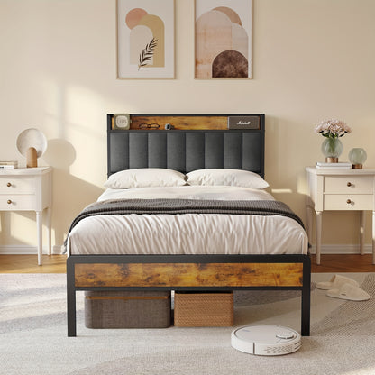 Stilvolles gepolstertes Holzbett mit Metallrahmen, elegantes Doppelbett mit Lattenrost  stützendem Kopfteil – Perfekt für jedes Schlafzimmer (Dunkelgrau, Grau)