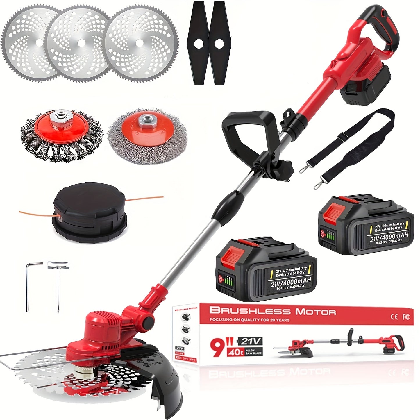 Grasschneider mit Unkrautbürste, Grasschneider mit 2 Akkus 4.0Ah, 21V Bürstenloser Motorsense, Elektrischer Motorsense, 5 Klingenarten, 23cm Schneidebreite