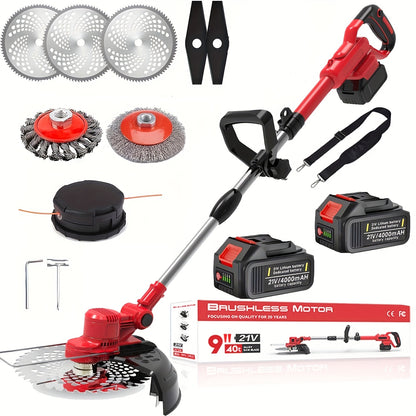 Batteriebetriebener Rasentrimmer mit Unkrautbürste, inklusive zwei 4.0Ah Akkus, 21V Bürstenloser Motor, Elektro-Motorsense, fünf verschiedenen Klingenarten und einer Schnittbreite von 23 cm