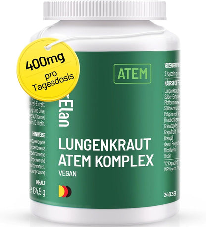 Lungenkraut Kapseln - Atem Komplex, 120 Kapseln mit 400mg pro Tagesdosis, mit Lungwort, Salbei, Pfefferminze, Süßholzwurzel, Polyphenol-Extrakte uvm - Herbst- und Winter-Must-have - Vegan, ohne Zusätze, in Deutschland produziert