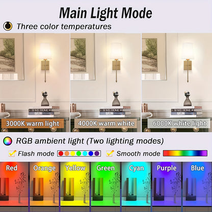 2er-Set, Goldfarben, Wiederaufladbar, Ferngesteuert, mit LED, Einstellbare RGB+CCT Farben, Wandleuchte, Ambiente-Licht, Geeignet für Schlafzimmer und Wohnzimmer