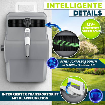 tillvex® Schlauchtrommel Wasser 20+2m mit Wandhalterung + Tragegriff | Schlauchaufroller mit Handbrause und Gartenschlauch | Wasserschlauchtrommel Automatisch 180° Schwenkbar | Wand-Schlauchbox mit Aufroll-Automatik
