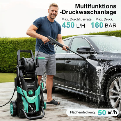 Elektrische Hochdruckreiniger 160 Bar, 450 L/H, 6-in-1 Düse mit 500ml Schaumkanone, für Auto- und Gartenreinigung