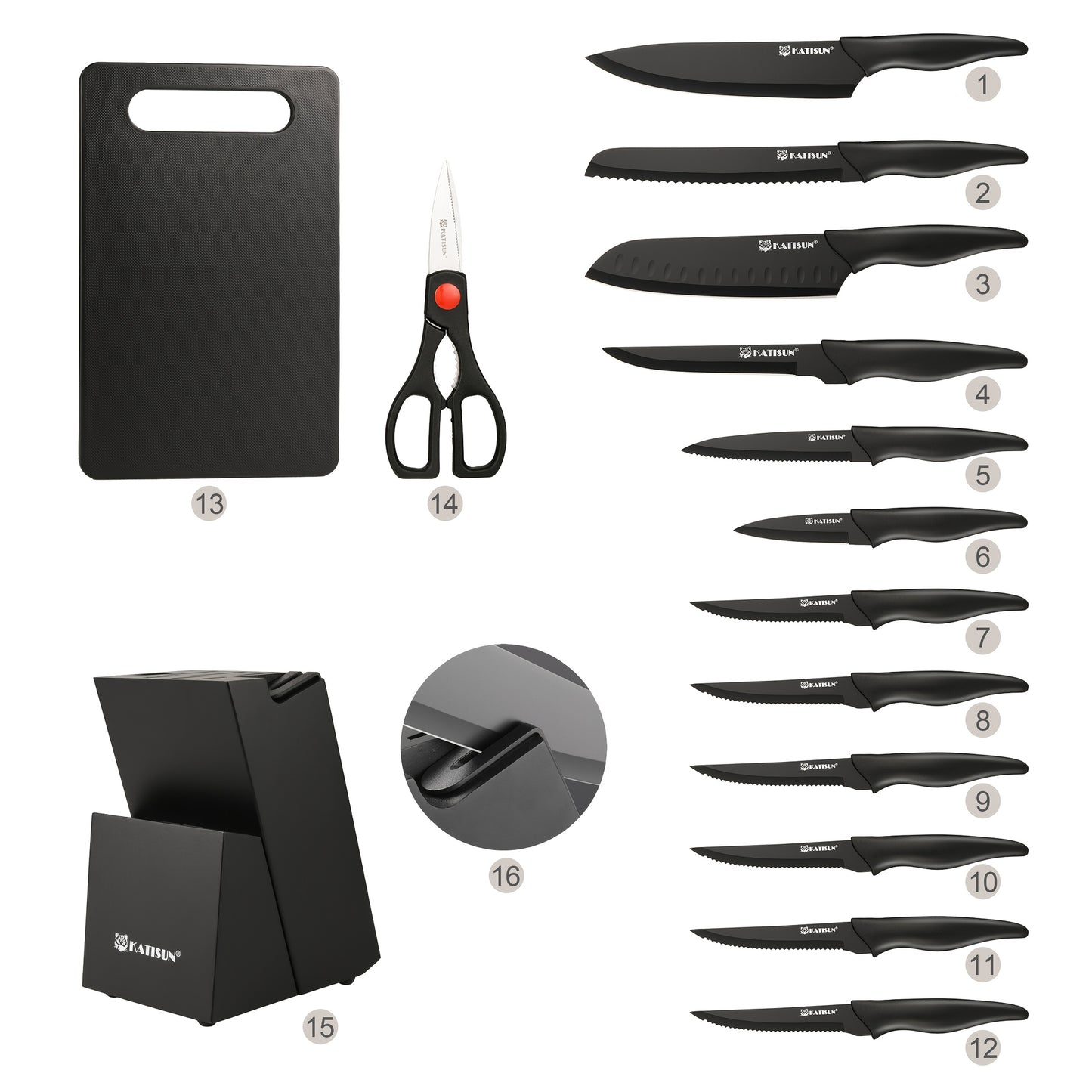15-teiliges professionelles Küchenmesser-Set mit schwarzem Holzblock, rutschfestem ABS-Griff für Kochmesser, Kunststoff-Schneidebrett  Küchenschere, Weihnachts- & Neujahrs-Küchengeschenke