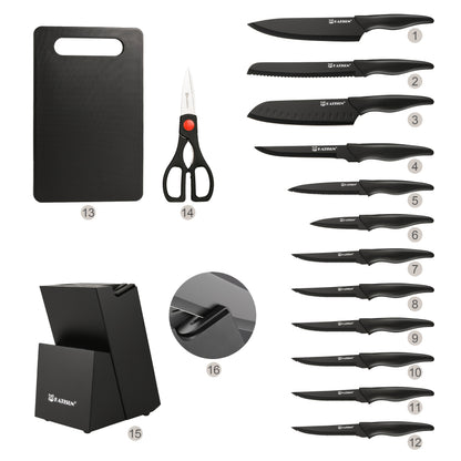 15-teiliges professionelles Küchenmesser-Set mit schwarzem Holzblock, rutschfestem ABS-Griff für Kochmesser, Kunststoff-Schneidebrett  Küchenschere, Weihnachts- & Neujahrs-Küchengeschenke