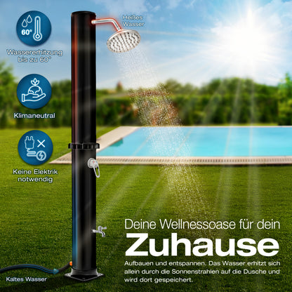 tillvex® Solardusche 20 - 60 Liter inkl. Abdeckung Solar Gartendusche Solar für draußen Pooldusche Komplettset warmes Wasser Camping ohne Stromanschluss mit Wasserhahn Gartenschlauch-Anschluss