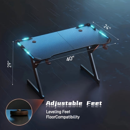 Büroschreibtische Computer-Arbeitsplatz mit LED-Beleuchtung, ergonomischer Gaming-Schreibtisch mit Carbonfaser-Oberfläche, stabiler PC-Arbeitsplatzschreibtisch für Zuhause/Büro mit Kopfhörerhalterung, Getränkehalter, Schwarz