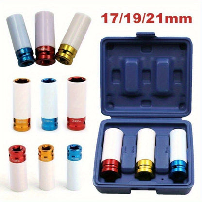 3 tlg Alufelgen Nuss Set 17 19 21 mm Rad Nuss set Schlagschrauber Nüsse 1/2" Kraft Schoneinsätze Radschrauben für Nuss Radwechsel Radschrauben Werkzeug