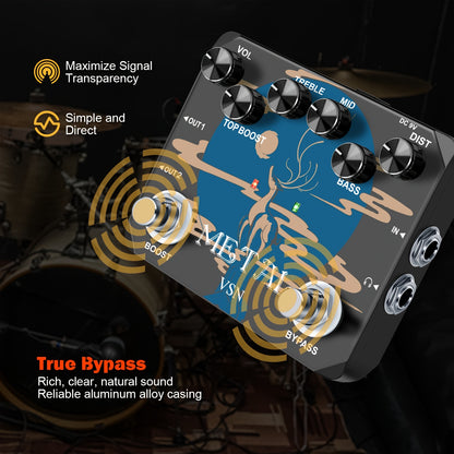Heavy Metal Distortion Gitarrenpedal, Realisieren Sie die Sounds von Metal, Rock und Punk, Muff Top Boost Distortion Gitarren Effektpedal mit 80er oder 90er Metal Sounds und Kopfhörer nutzbarem Output True Bypass, Beachten Sie, dass die Stromversorgung ni