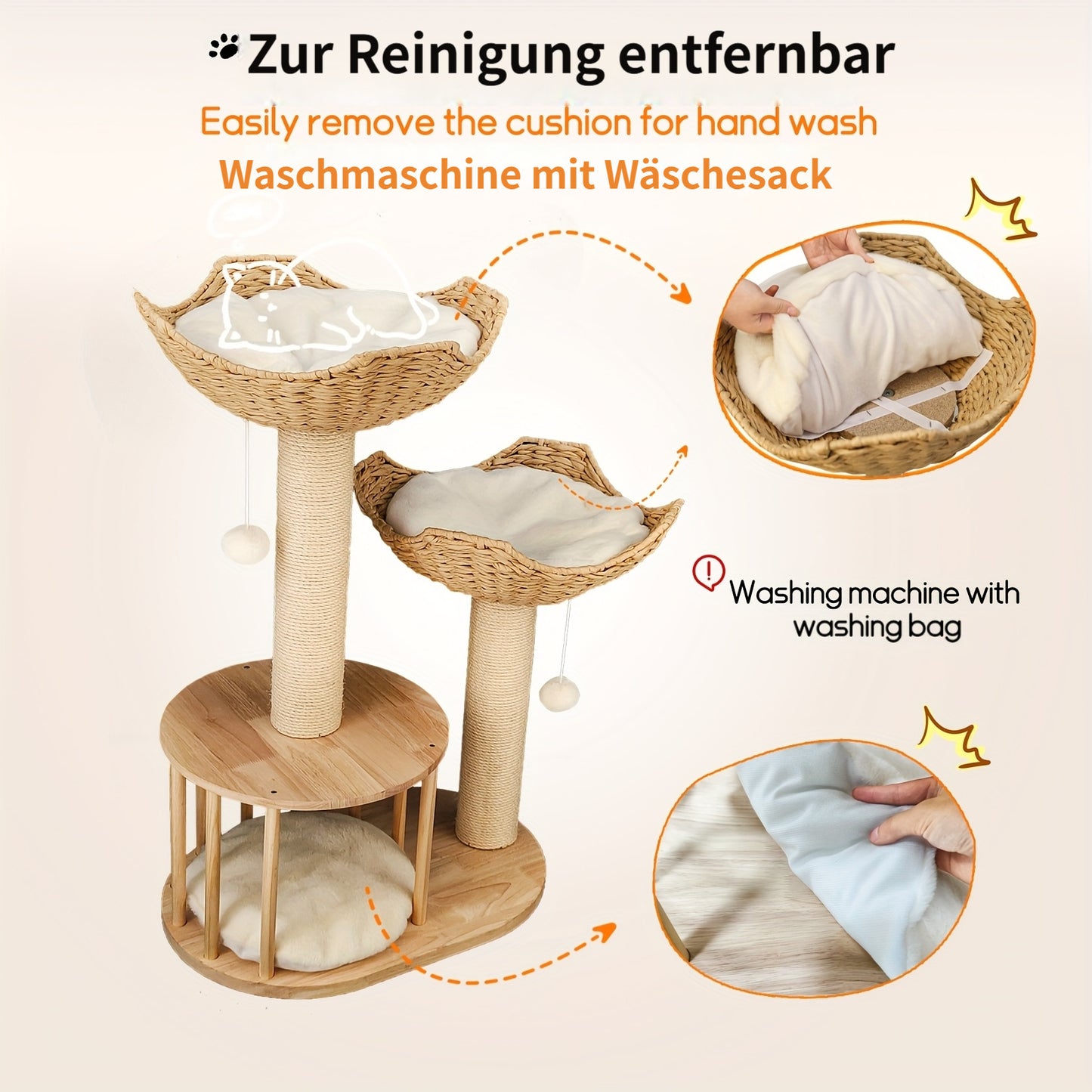 Krabbelstange aus Massivholz: Katzenbaum für Kätzchen mit Plüschkissen, gemütlicher Ruheplatz und hängender Spielball, Sisal-Krallenbaum für Katzen im Haus