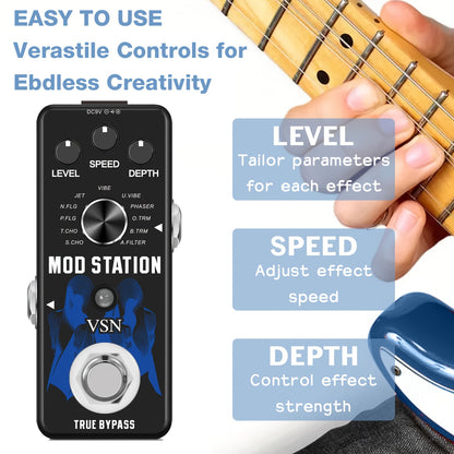 Mini-Modulationspedal 11 Modulationsmodi mit Chorus, Flanger, Tremolo, Phaser, Vibrato, Rotary, Liquid, Autowah, Stutter, Ring Low Bit, Multi-Digital-Gitarrenpedale, Hinweis: Netzteil nicht im Lieferumfang enthalten.