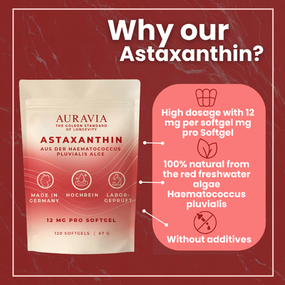 AURAVIA® Astaxanthin 12 mg + Krillöl – 120 Softgel Kapseln – Astaxanthin hochdosiert ohne Zusatzstoffe - Natürliche Antioxidantien aus der Haematococcus Pluvialis Alge