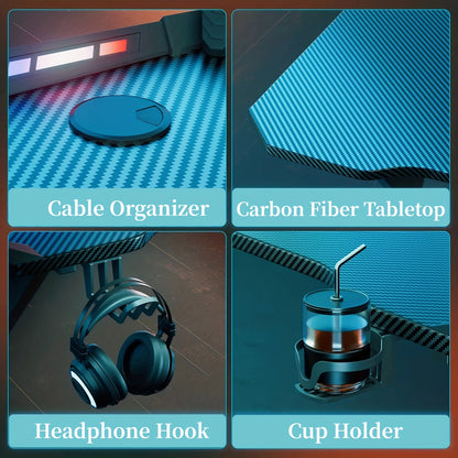 Büroschreibtische Computer-Arbeitsplatz mit LED-Beleuchtung, ergonomischer Gaming-Schreibtisch mit Carbonfaser-Oberfläche, stabiler PC-Arbeitsplatzschreibtisch für Zuhause/Büro mit Kopfhörerhalterung, Getränkehalter, Schwarz