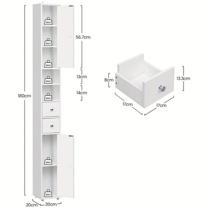 1 Stück Badezimmer-Schrank, schmales, hohes Badezimmer-Schrank mit Schubladen, Badezimmer-Möbel-Fächer, verstellbare Regale, Türen, weiß, MDF, 20 x 180 x 20 cm