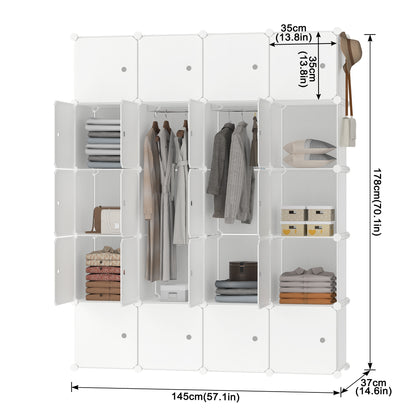 Kleiderschrank, 20 Würfelregale, Kleiderständer aus PP-Kunststoff, tragbarer Kleiderschrank mit 2 Kleiderstangen für Kleidung, Bücher, Spielzeug, 145 x 178 x 37 cm