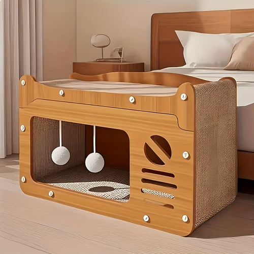 Großes Katzenkratzbaum-Bett mit hängenden Spielzeugen & komfortablem Kissen - Robustes Karton, Mehrstöckiges Design für alle Katzengrößen, Perfektes Sommergeschenk für Katzenliebhaber, für Katzenkratzbaum|Dekorative Katzenliege|Stabile Konstruktion