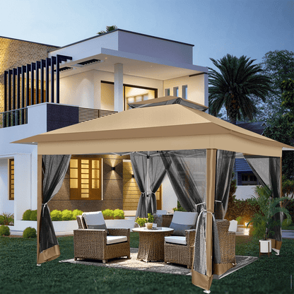 3,66x3,66 Meter Pop-Up Zelt, einfach aufzubauen, Outdoor Zelt UPF 50+, verbessertes automatisches Laubengartenshuttle, tragbares Gazebo mit Moskitonetz, doppelt belüftetes Dach und Tragetasche, geeignet für Garten, Terrasse