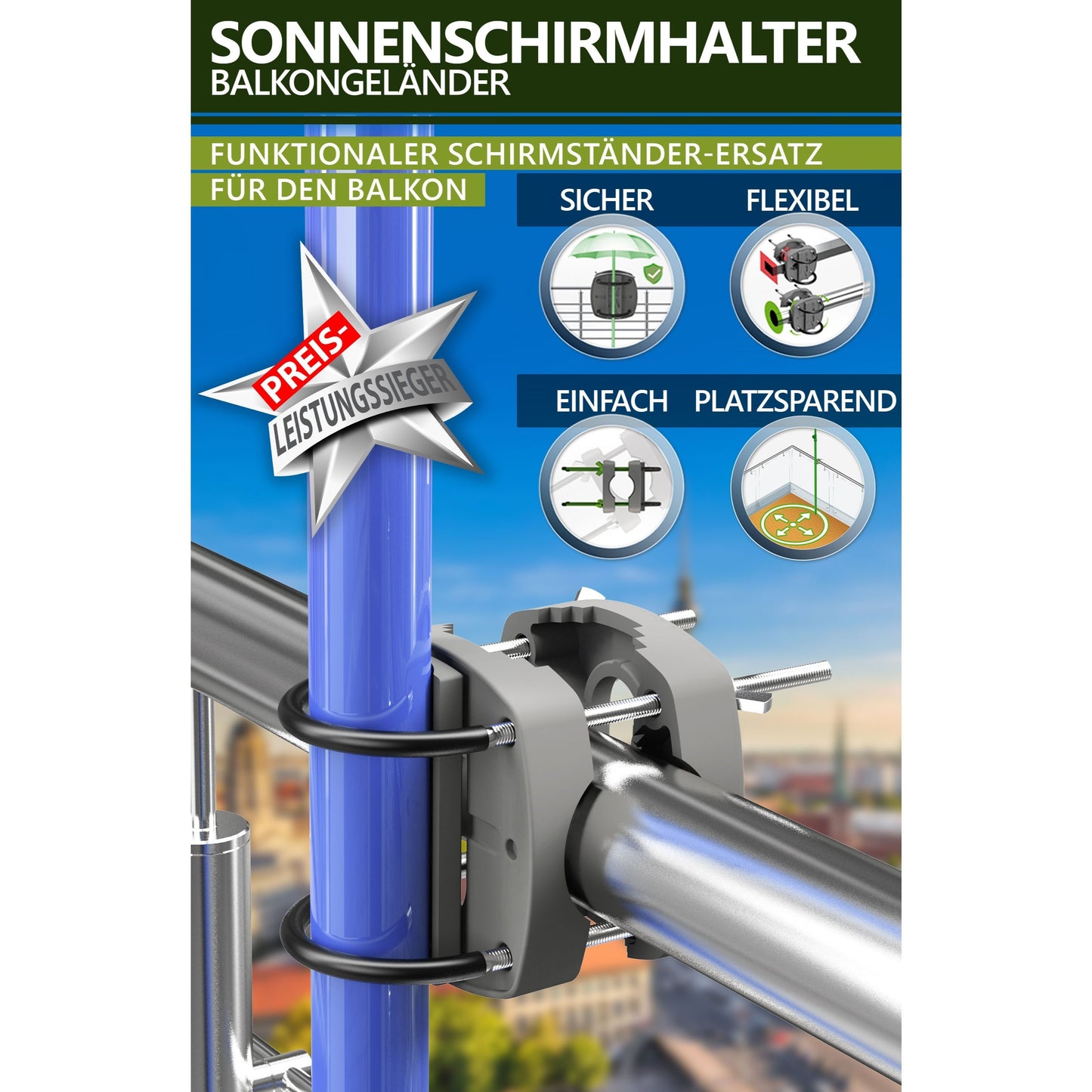Lindenstein Sonnenschirmhalter Balkongeländer – Funktionale Sonnenschirm Halterung Balkon, Schirmhalterung Balkongeländer ersetzt Sonnenschirmständer Balkon – Flexibel montierbar (Anthrazit/Schwarz/Taupe/Sandbraun)