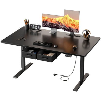 Furnishia Elektrischer Standeskreuzer mit Memory Smart Panel und 2 Schubladen, Höhenverstellbarer Schreibtisch mit Steckdosen, für Heim-Computerarbeitsplatz, Schreibstation und Schlafzimmer