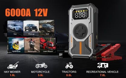 12000mAh Starthilfe Powerbank mit Kompressor, 150 PSI 6000 A Auto Smart Box, 12V Starthilfepackung für Auto  Motorrad, Autobatterie-Booster (bis zu Benzin/10L Diesel) mit Jumper/LCD/Taschenlampe
