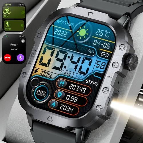 Smartwatch für Herren 2. 2,54 cm großes vollständiges Touchscreen-Display, drahtloses Anrufen/Annehmen, Telefonuhr mit LED-Taschenlampe, Multisportmodus Smart-Sportuhr für Männer  Frauen, Outdoor, Nachrichtenerinnerung, Schrittzähler, Smartwatch kompatibe